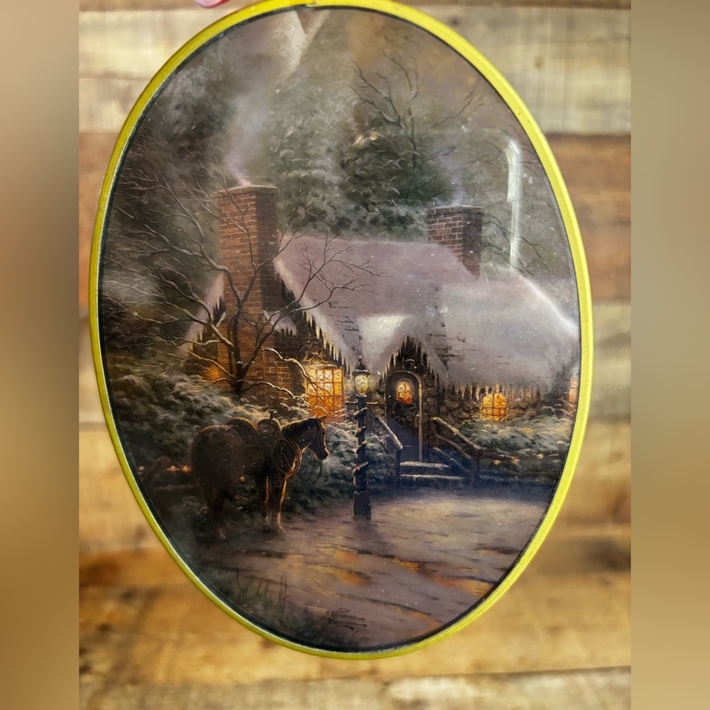 Thomas Kinkade Suncatcher Stained Glass Metal Frame & Chain Horse Cabin 6.5”x5”